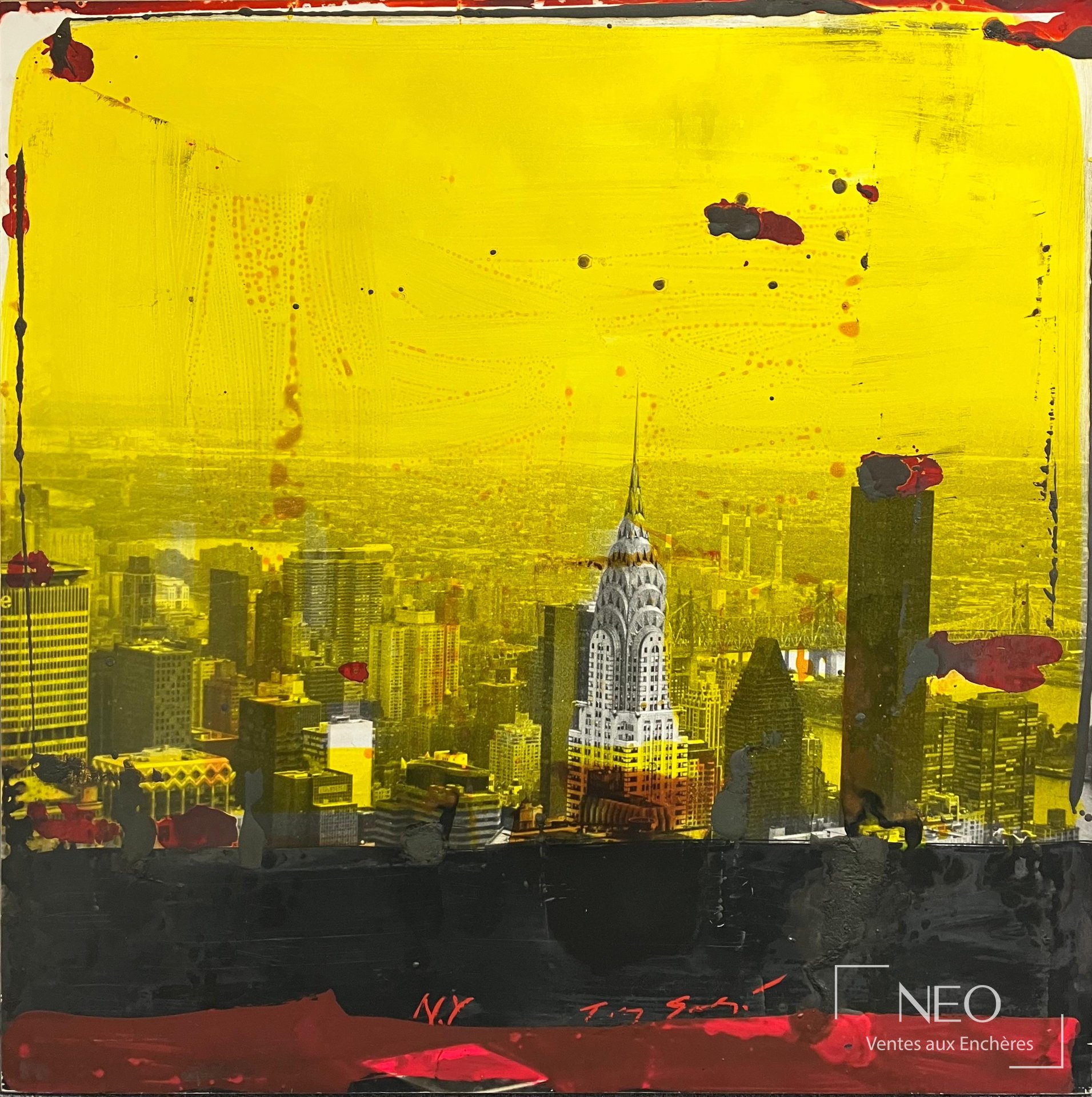 Vue d'ensemble de l'œuvre de Tony Soulié montrant Manhattan sous un large lavis jaune et des rehauts sombres.