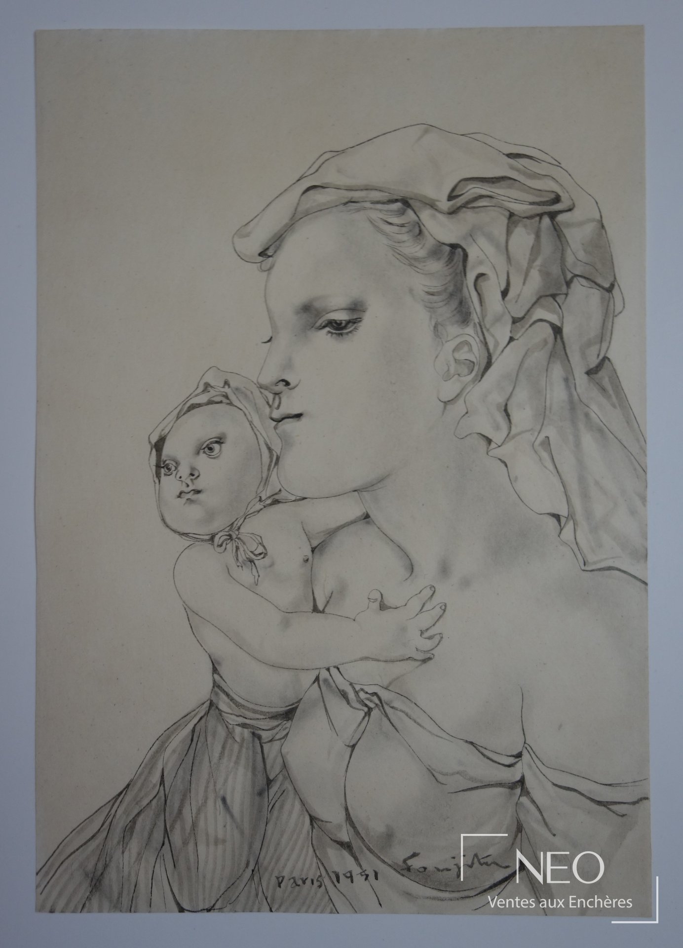 Dessin de mère et enfant au lavis