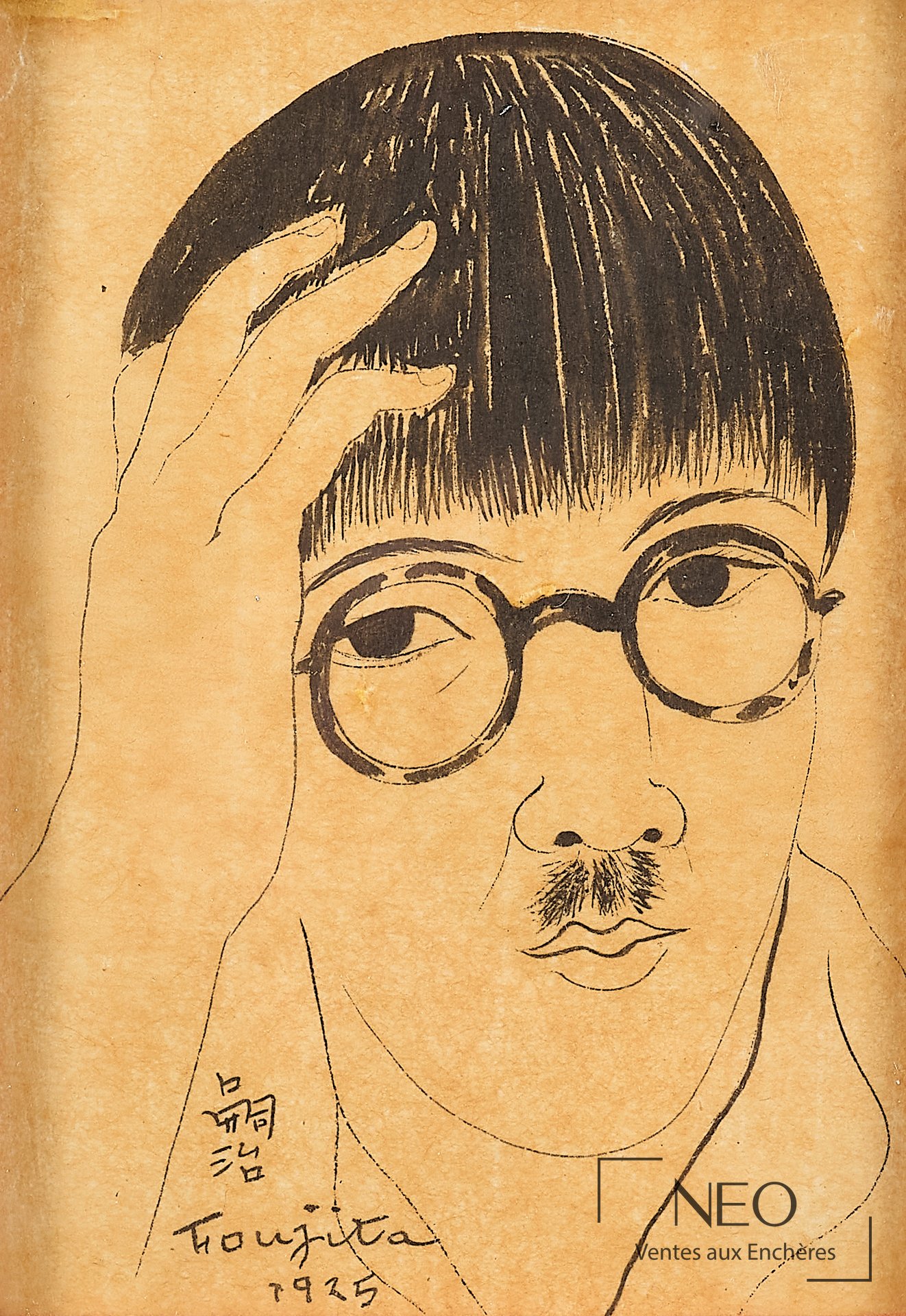Autoportrait de Tsuguharu Foujita à l’encre de Chine sur papier ancien