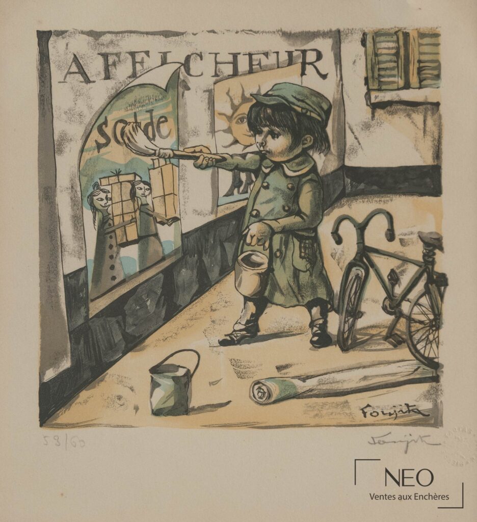 Lithographie en couleurs représentant un petit afficheur devant une vitrine