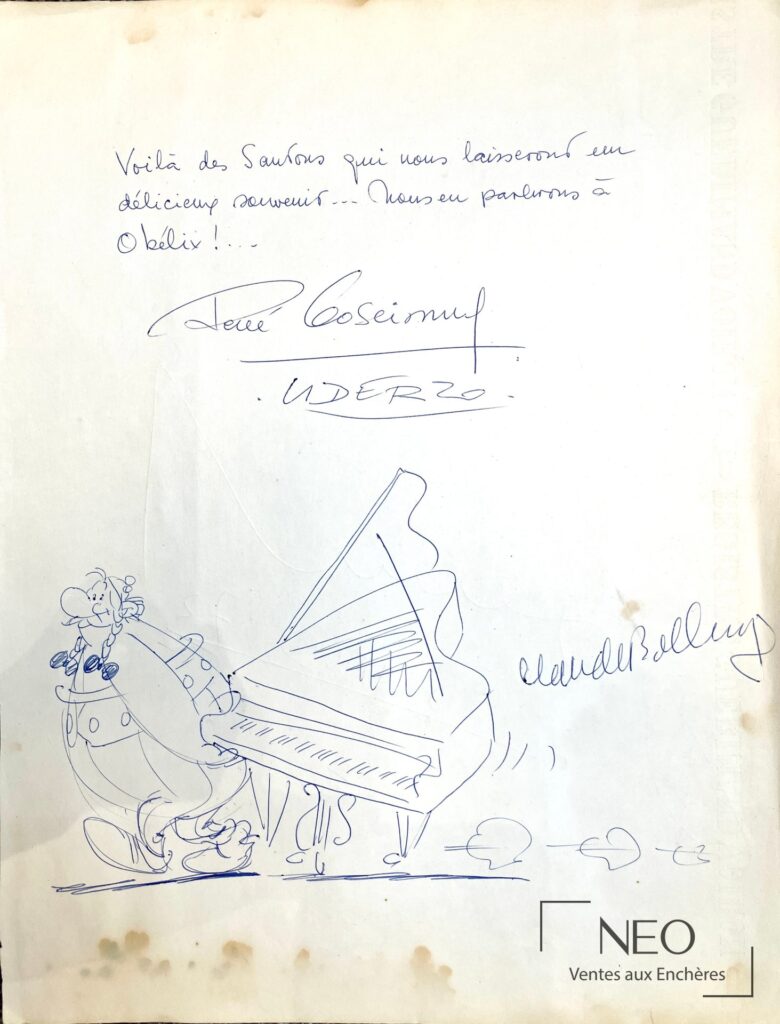 Dessin à l’encre bleue d’Obélix tirant un piano sur feuille blanche