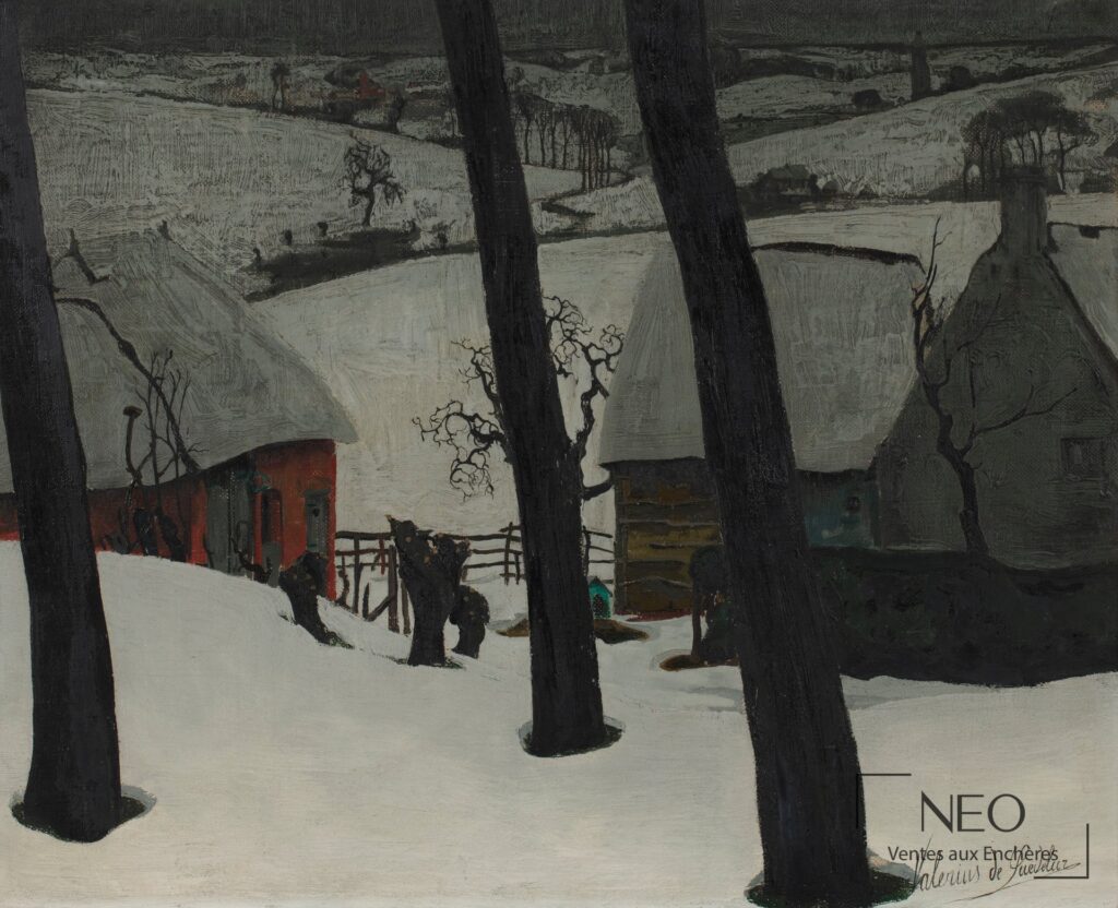 Paysage enneigé avec arbres noirs au premier plan et maisons sous la neige