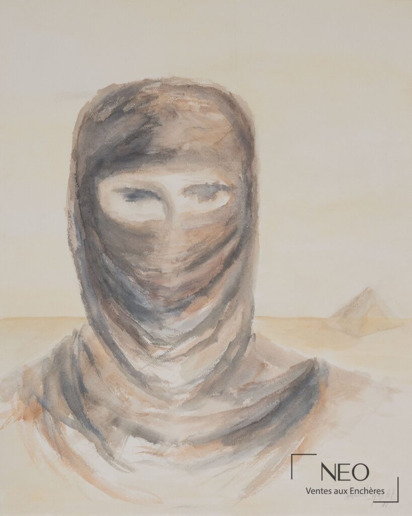 Portrait de touareg peint en technique mixte sur papier