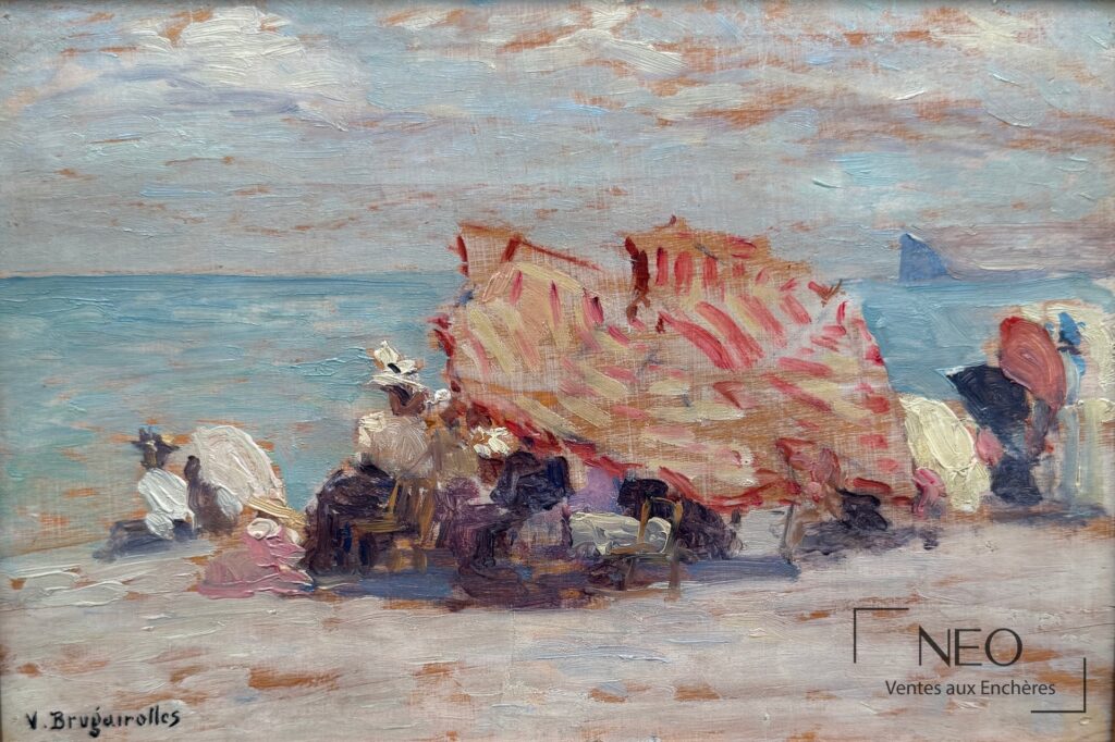 Vue d'ensemble d'une scène de bord de mer peinte à l'huile sur panneau
