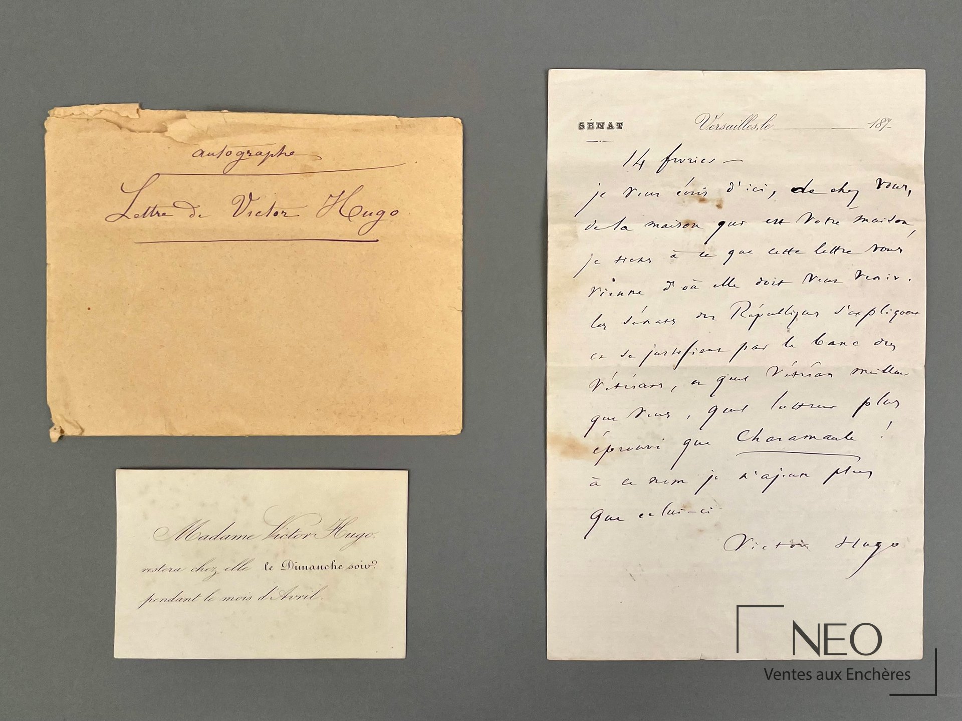 Lettre autographe signée de Victor Hugo sur papier vergé à entête du Sénat