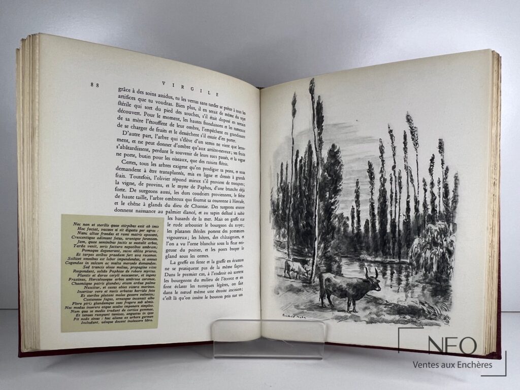 Livre ouvert montrant une page illustrée avec un grand dessin en noir et blanc à droite