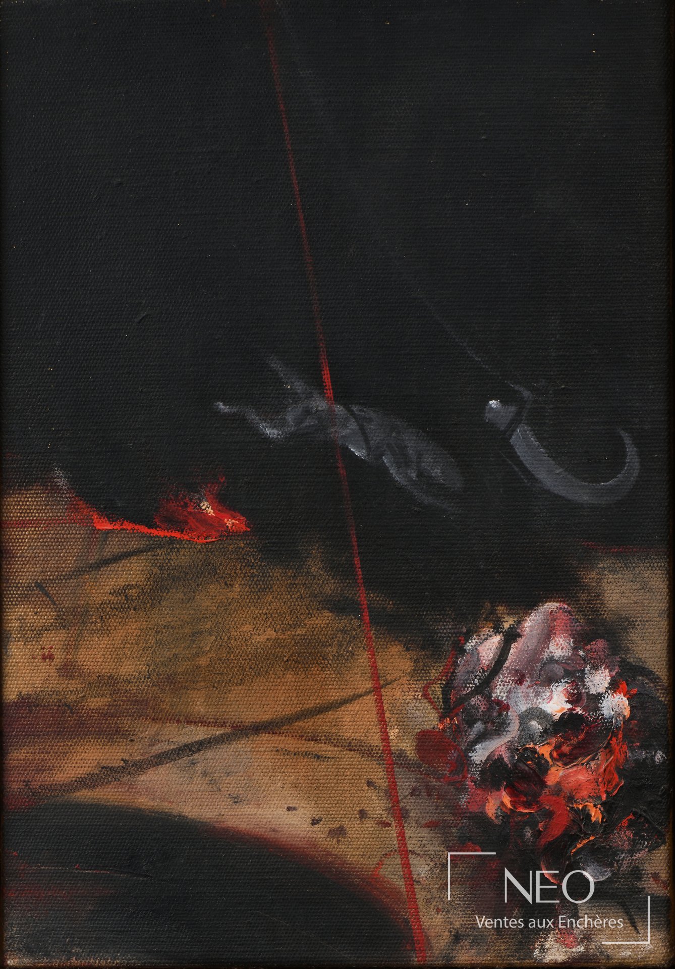 Peinture abstraite sombre de Vladimir Velickovic avec touches rouges et brunes