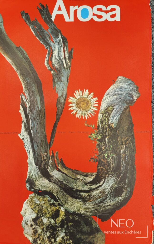 Affiche Arosa de Werner ZRYD sur fond rouge avec motif de bois et fleur