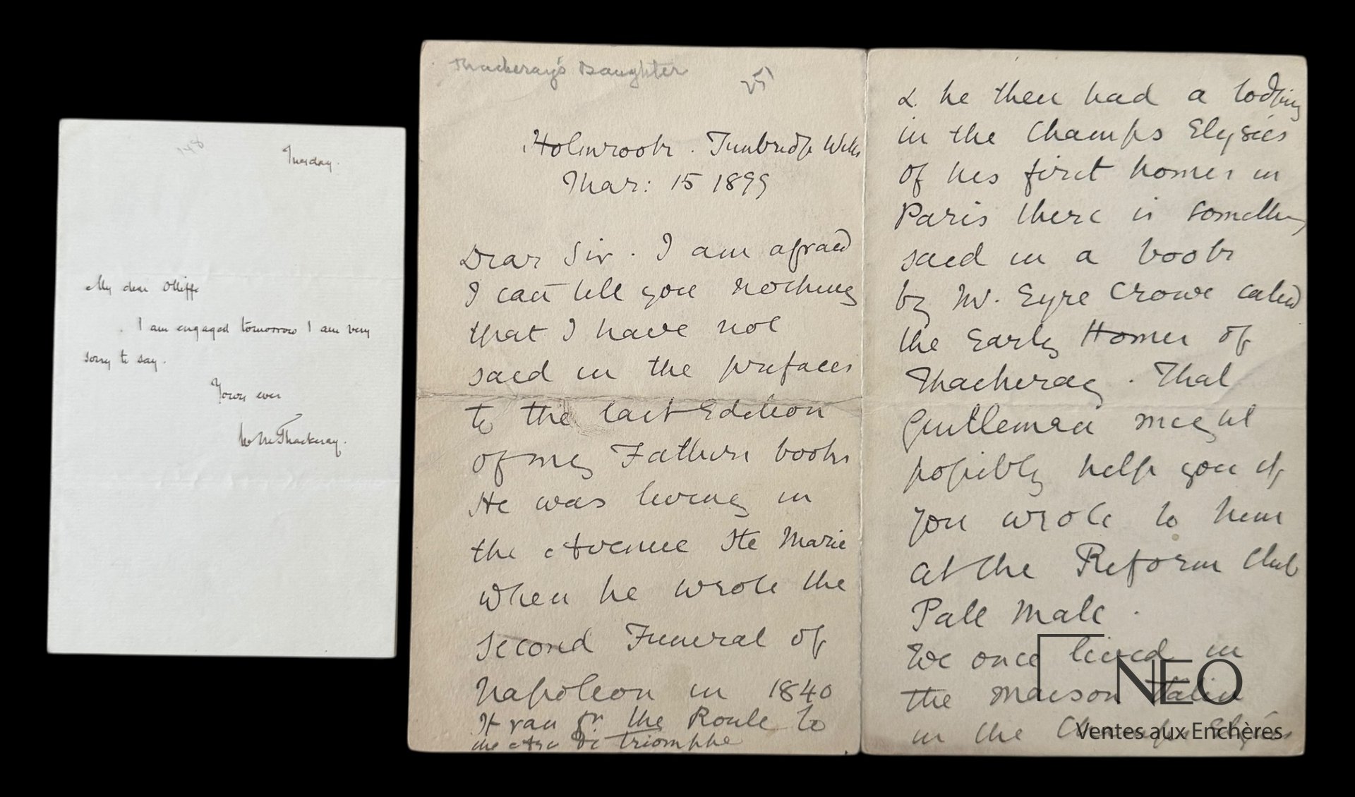 Lettre autographe signée de William Makepeace Thackeray