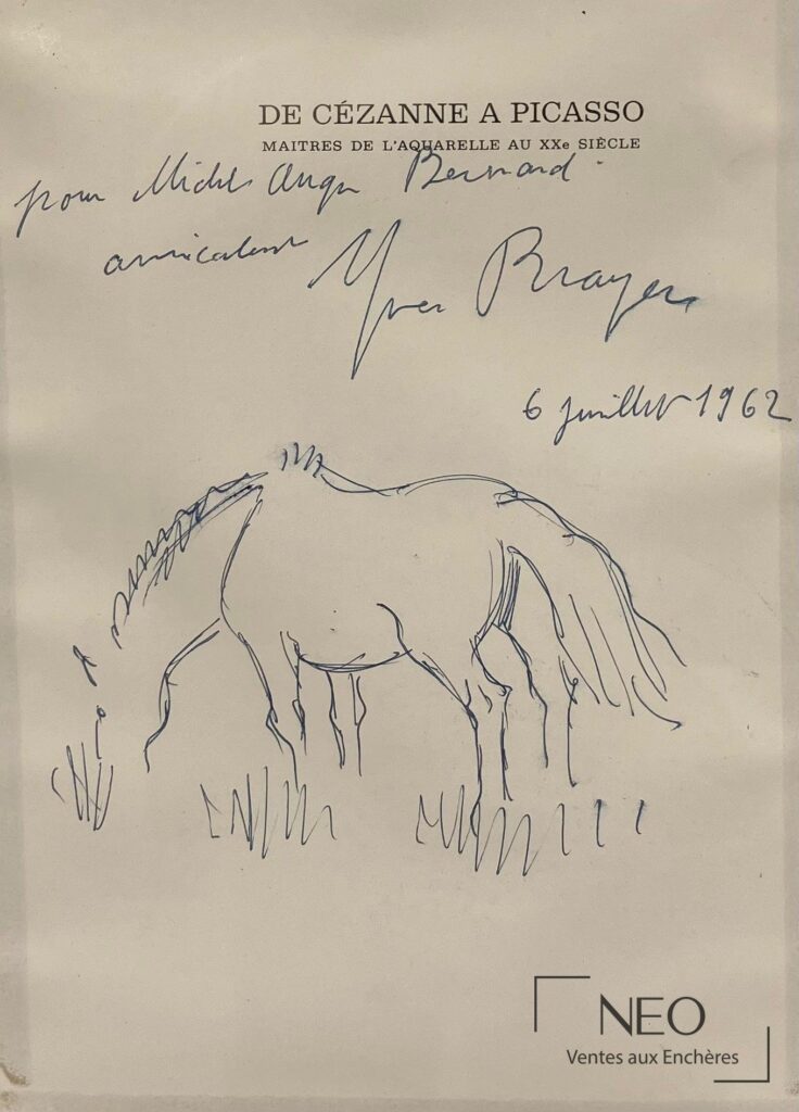 Dédicace d'Yves Brayer avec dessin de cheval et annotation manuscrite
