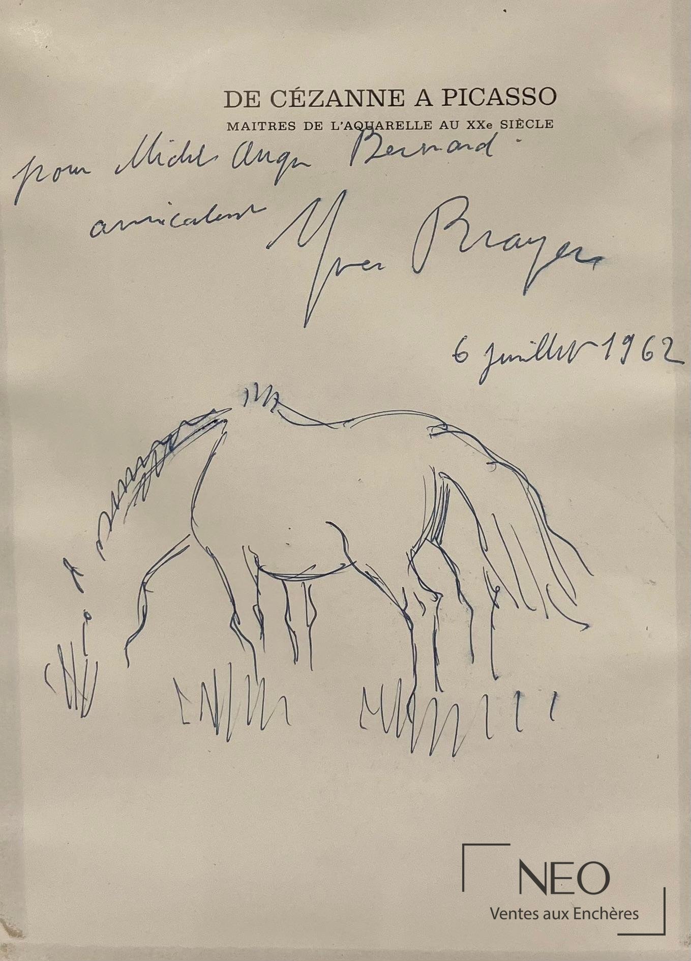 Dédicace d'Yves Brayer avec dessin de cheval et annotation manuscrite